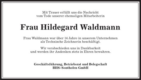 Traueranzeigen von Hildegard Waldmann Allgäuer Zeitung