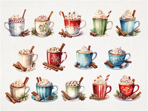 Hot Chocolate Christmas Winter Watercolor Clipart PNG Bundle AI