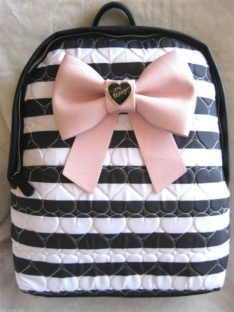 Betsey Johnson Backpack Bow Nanza Heart Quilted Black White Stripe