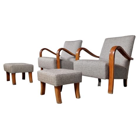 1930s Art Deco Lounge Chairs With Matching Ottomans Manner Of Paul