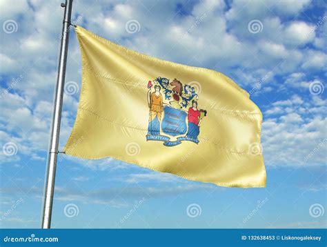 New Jersey State Of United States Flag Waving With Sky On Background