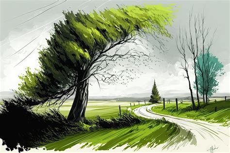 Premium AI Image | Windy spring day with green trees and grass