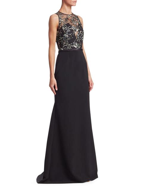 David Meister Synthetic Illusion Neckline Embroidered Gown In Black Lyst