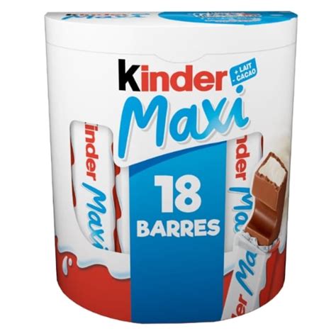 Barres chocolatées chocolat lait KINDER MAXI les 18 barres de 21 g à