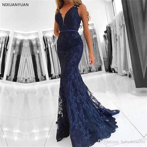 Vestidos De Noche Musulmanes Azul Marino 2019 Sirena Con Cuello En V