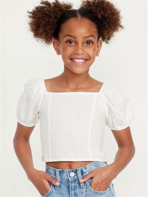 Short Puff Sleeve Eyelet Linen Blend Top For Girls Old Navy