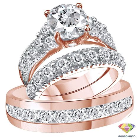 Diamond Trio Set His Hers Matching Engagement Ring Wedding Band 10k