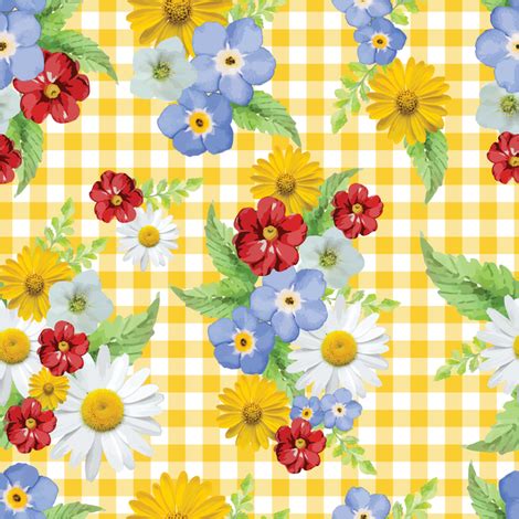 Yellow Gingham Floral Fabric Twodreamsshop Spoonflower