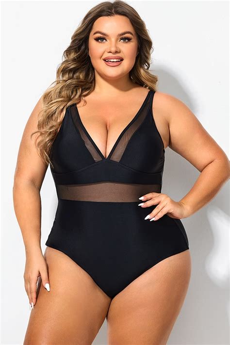 Black V Neck Mesh Splicing One Piece Swimsuit Meet Curve Meet Curve