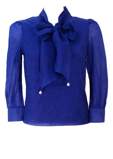 Royal Blue Pussy Bow Blouse With Pearl Sheer Sleeves Detail M Reign Vintage