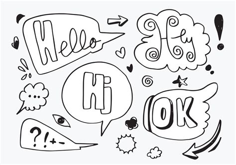 Hand Drawn Set Of Speech Bubbles With Dialog Words Hello Hey Ok Hi