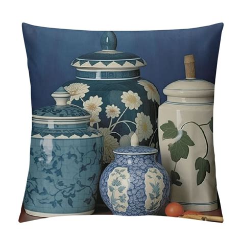 Comio Chinoiserie Decor Throw Pillow Cover Ginger Jar Cushion Blue And