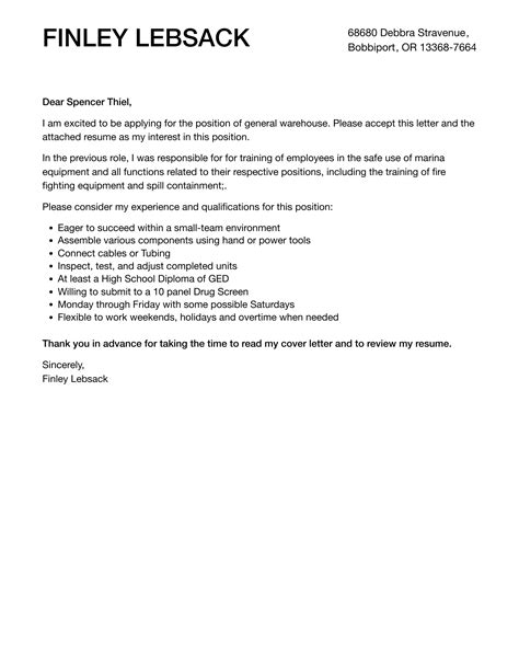 General Warehouse Cover Letter Velvet Jobs