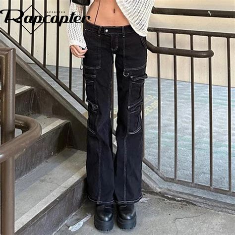 Rapcopter Y2k Black Cargo Jeans Women Vintage Punk Gothic Streetwear