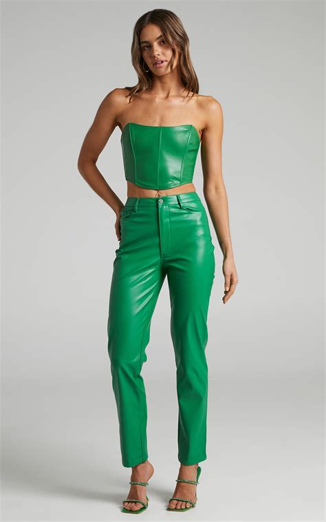 Dilyene Pants Mid Waist Straight Leg Faux Leather Pants In Green