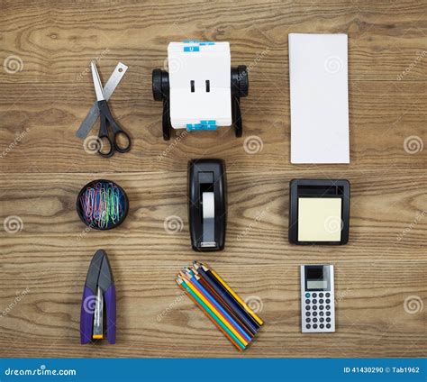 basic office supplies  aged wood stock photo image  notepad