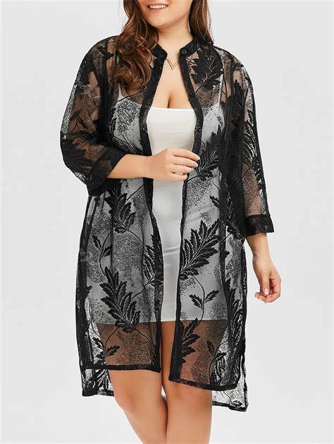 Black Xl Plus Size Feather Printed Long Cover Up Kimono Rosegal