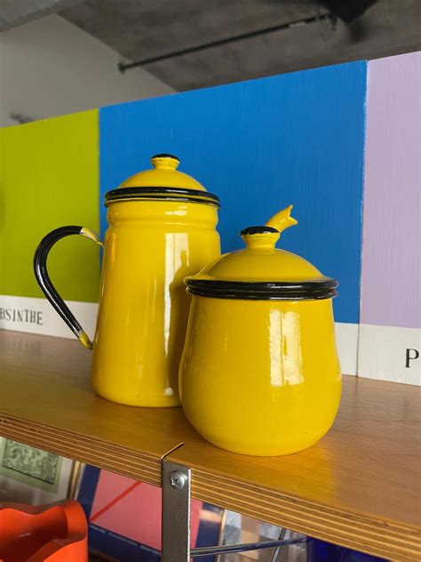 oto japan bright yellow enamelware tea set cathrineholm danish