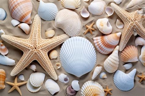 Los Tesoros De Las Conchas Y Las Estrellas De Mar De Una Playa Arenosa