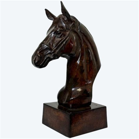 Scultura Con Busto A Testa Di Cavallo In Bronz Antikeo