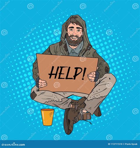 Pop Art Homeless Man Male Beggar With Sign Cardboard Ask For Help