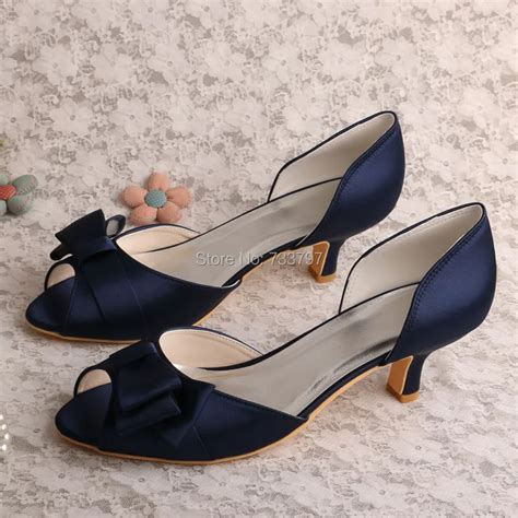 Wedopus Mw556 Navy Blue Satin Low Heel Women Party Shoes Party Peep Toe