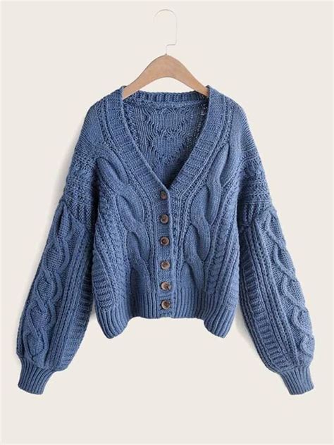 Solid Bishop Sleeve Cable Knit Cardigan Chunky Cable Knit Sweater