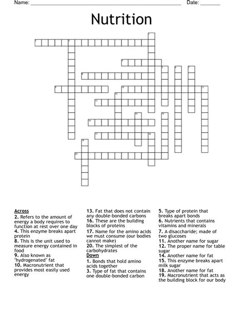 Nutrition Crossword Wordmint