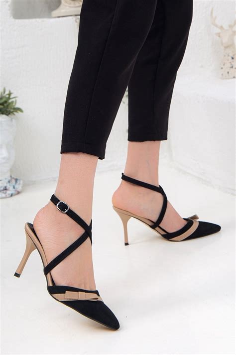SOFT FASHION Kadın Ten Nude Siyah Ince Topuklu Yeni Tarz Stiletto Gece Ayakkabısı Topuk