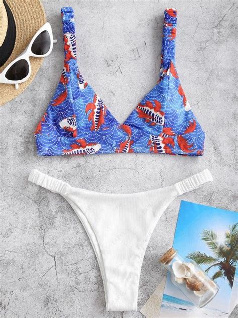 60 OFF 2021 ZAFUL Ruched Straps Koi Fish Print Ribbed Bikini Swimwear In BLUE ZAFUL