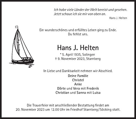 Traueranzeigen Von Hans J Helten SZ Gedenken De