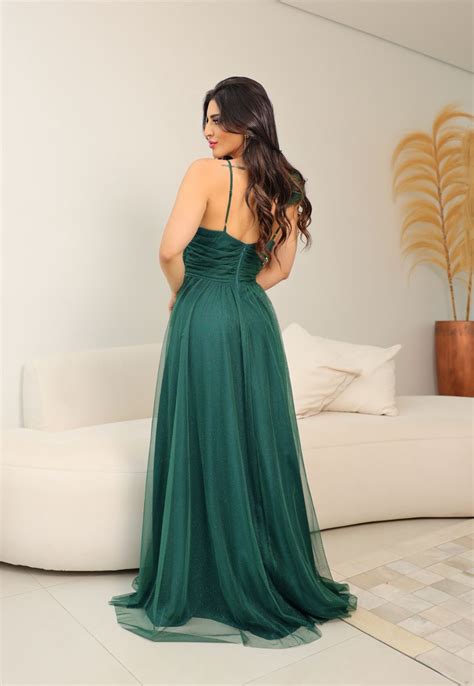 Vestido Longo De Festa Micro Tule Detalhe Na Alcinha Marjorie Verde