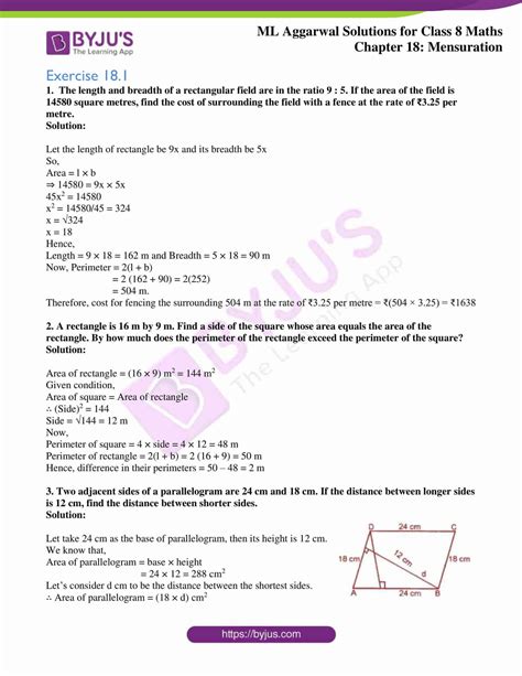 ML Aggarwal Solutions for Class 8 Chapter 18 Mensuration Download Free PDF