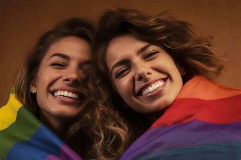 Una Hermosa Y Feliz Pareja De Lesbianas Gay Con La Bandera De Colores