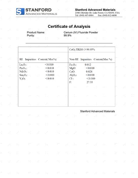 Polvo de fluoruro de cerio IV Nº CAS 10060 10 3 Stanford Advanced