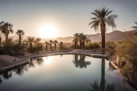 Premium Ai Image Desert Mirage Of Shimmering Pool Of Water With Palm