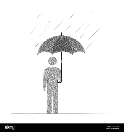 Silhouette Of A Man Holding An Umbrella In The Rain Hand Draw Style