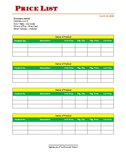 Price List Template | Professional Word Templates