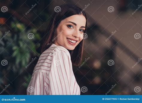 Profile Portrait Of Pretty Positive Lady Toothy Smile Wear Striped