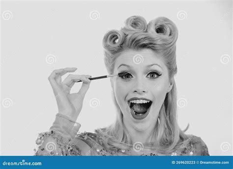 Eyebrow Makeup Blonde Excited Woman Brushing Brows With Brows Brush