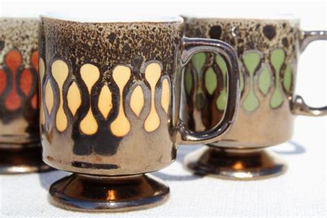 Retro 70s Ceramic Coffee Cups Vintage Japan Mugs Set Bronze Brown