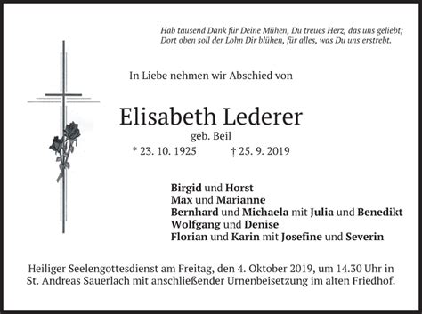 Traueranzeigen Von Elisabeth Lederer Trauer Merkur De