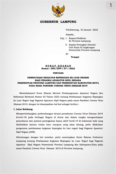 Surat Edaran Gubernur Lampung Tentang Pembatasan Kegiatan Berpergian Ke