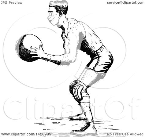 Clipart Of A Vintage Black And White Sketched Basketball Player