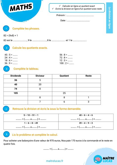 Exercices Division En Ligne Cm2 Cm1 Maître Lucas