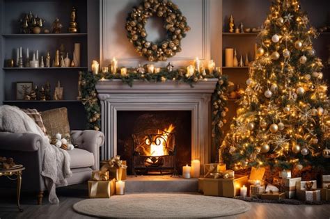 Premium AI Image Cosy Living Room With Fireplace And Christmas Tree