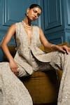 Buy Gold Net Embroidered Sequin V Neck Venice Floral Jacket Pant Set