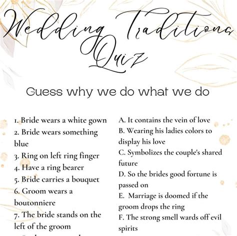 Wedding Traditions Quiz Downloadable Printable Game Bridal Shower Bachelorette Wedding Activity ...