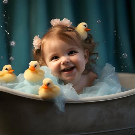 Süßes baby in der badewanne mit enten und material mit hoher auflösung