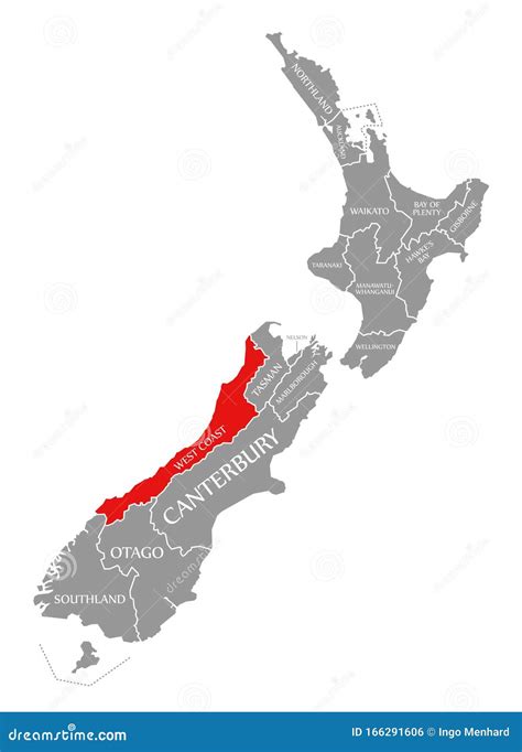 West Coast Red Highlighted in Map of New Zealand Stock Illustration ...